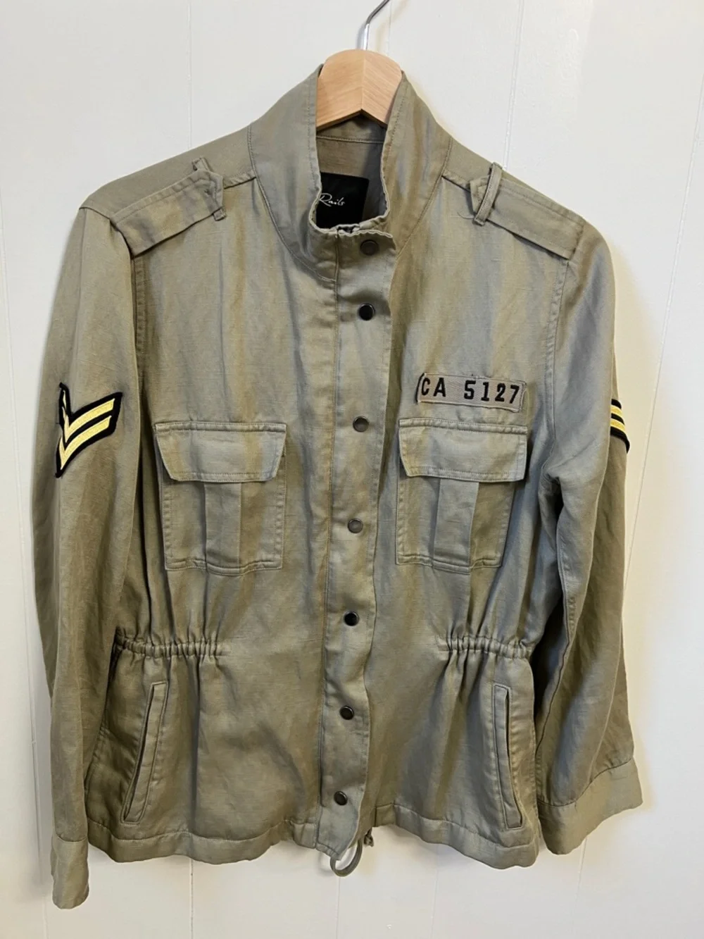 Rails Trey Light Sage Arrow Patch Military Zipper Jacket Tencel Linen Blend XS